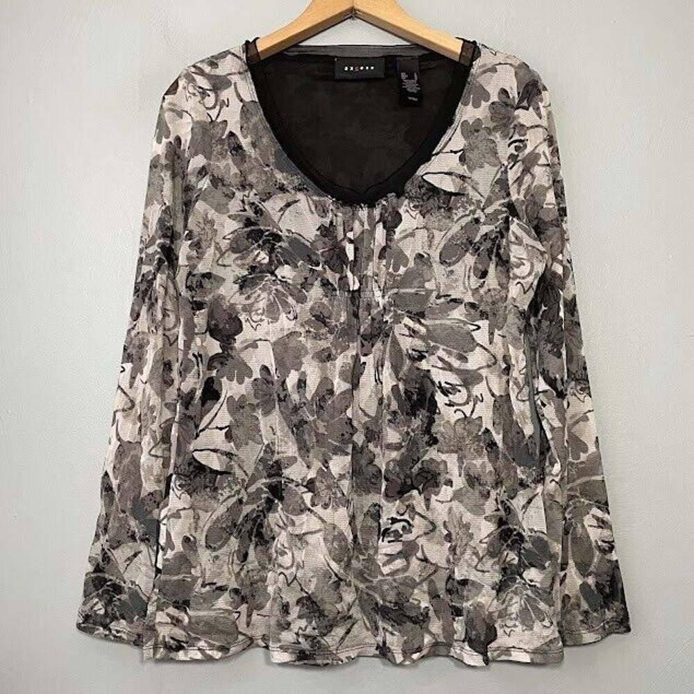 Axcess Mesh Top Size Large Gray White Watercolor Floral Babydoll Whimsigoth Chic